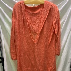 Eileen Fisher Orange Linen Hooded V-Neck Tunic Top